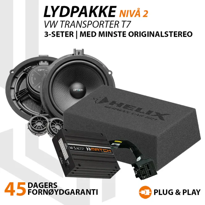 Hovedbilde Match Lydoppgraderingspakke VW Transporter T7 Match DSP-forsterker, basskasse og høyttalere. For 3-seters utgave.