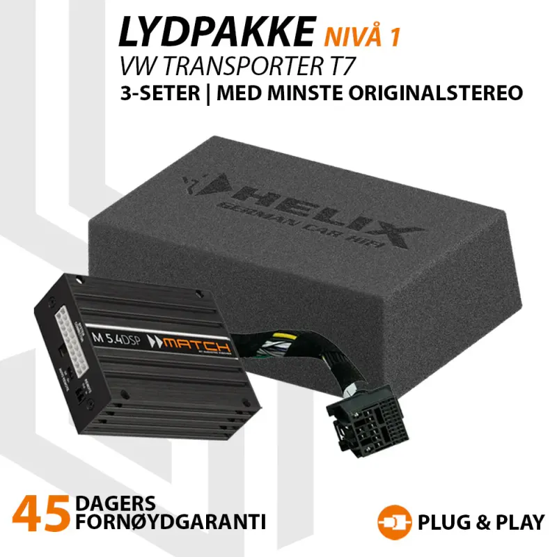 Match Lydoppgraderingspakke VW Transporter T7 DSP-forsterker og basskasse. For 3-seters utgave.